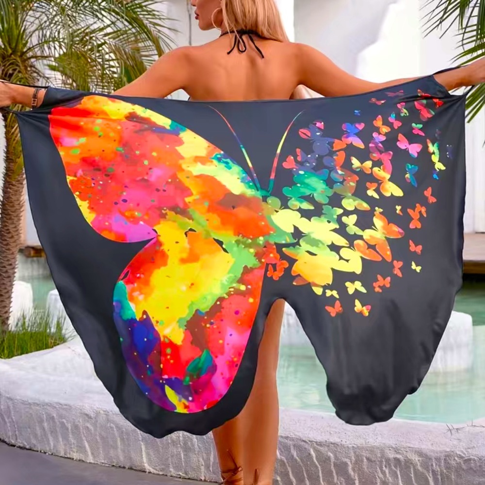 BRAND NEW Butterfly Print V Neck Cover Up, High-Stretch Criss Cross Dress, - Picture 4 of 6